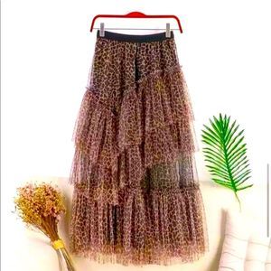 Tiered Ruffle Leopard Asymmetrical Hem Mesh Tulle Maxi Skirt